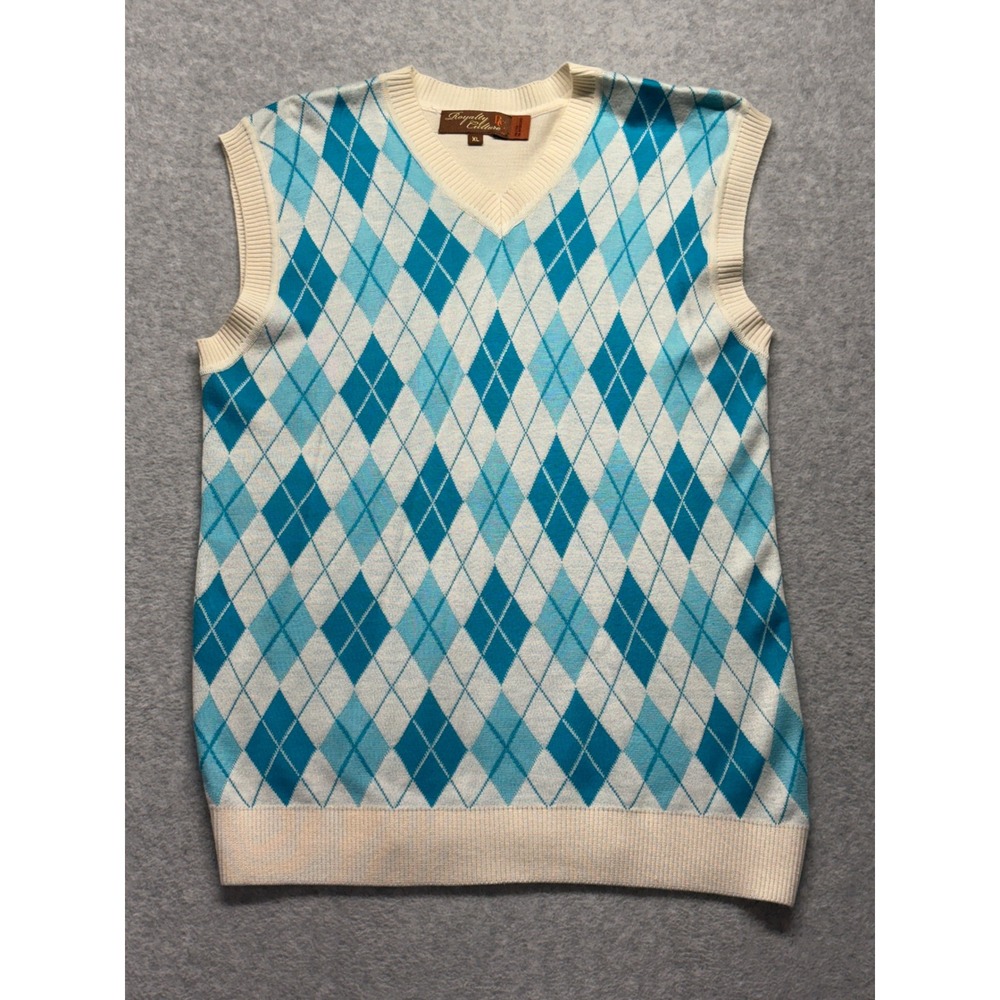 Royalty Culture Mens Argyle V-Neck Sweater Vest Blue Cream XL Acrylic Knit